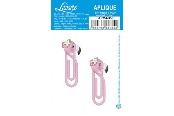 APLIQUE EM PAPEL E MDF COM 2 UNIDADES LITOARTE ALFINETE FLAMINGO